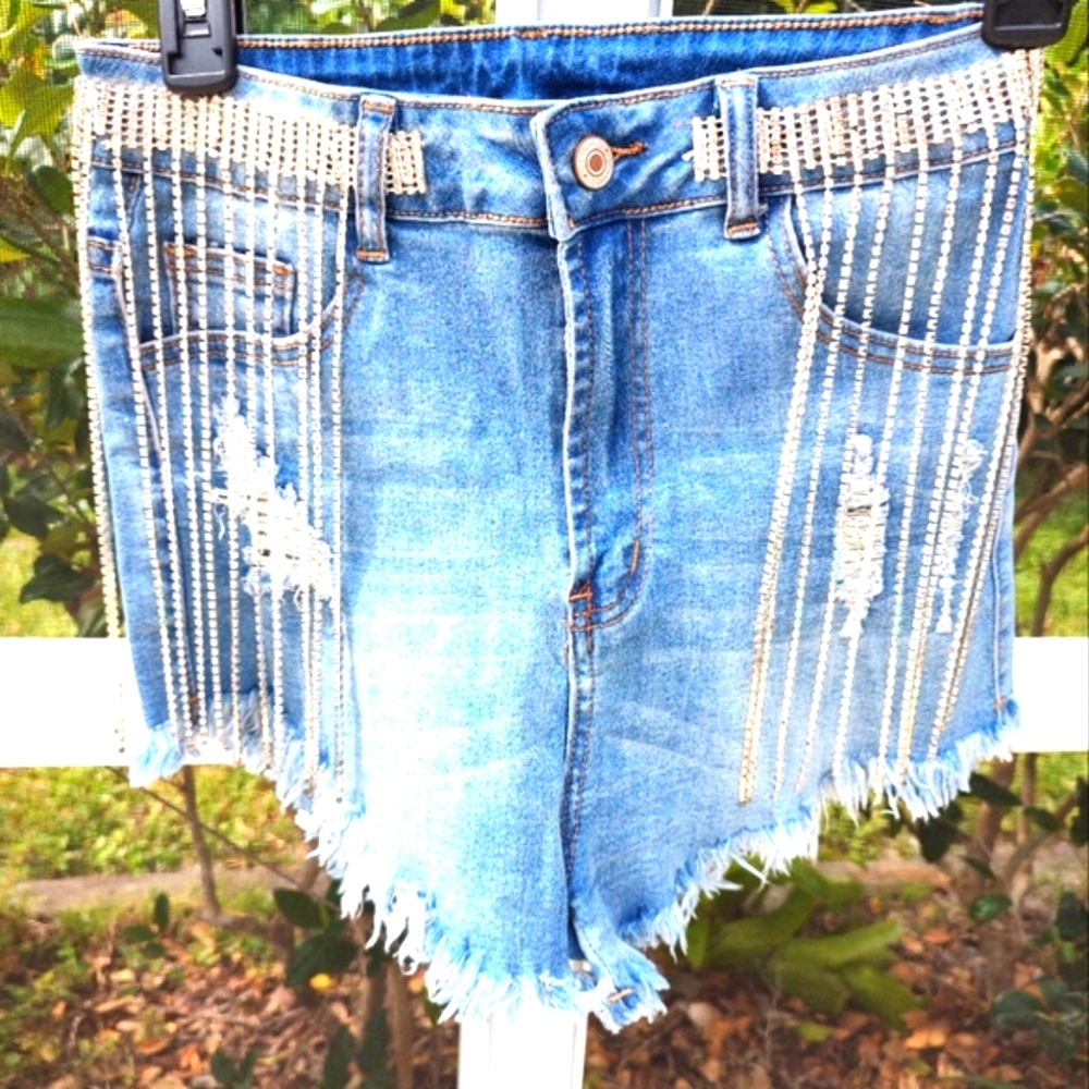 High waisted distressed rhinestone fringe jean shorts - Picture 3 of 16